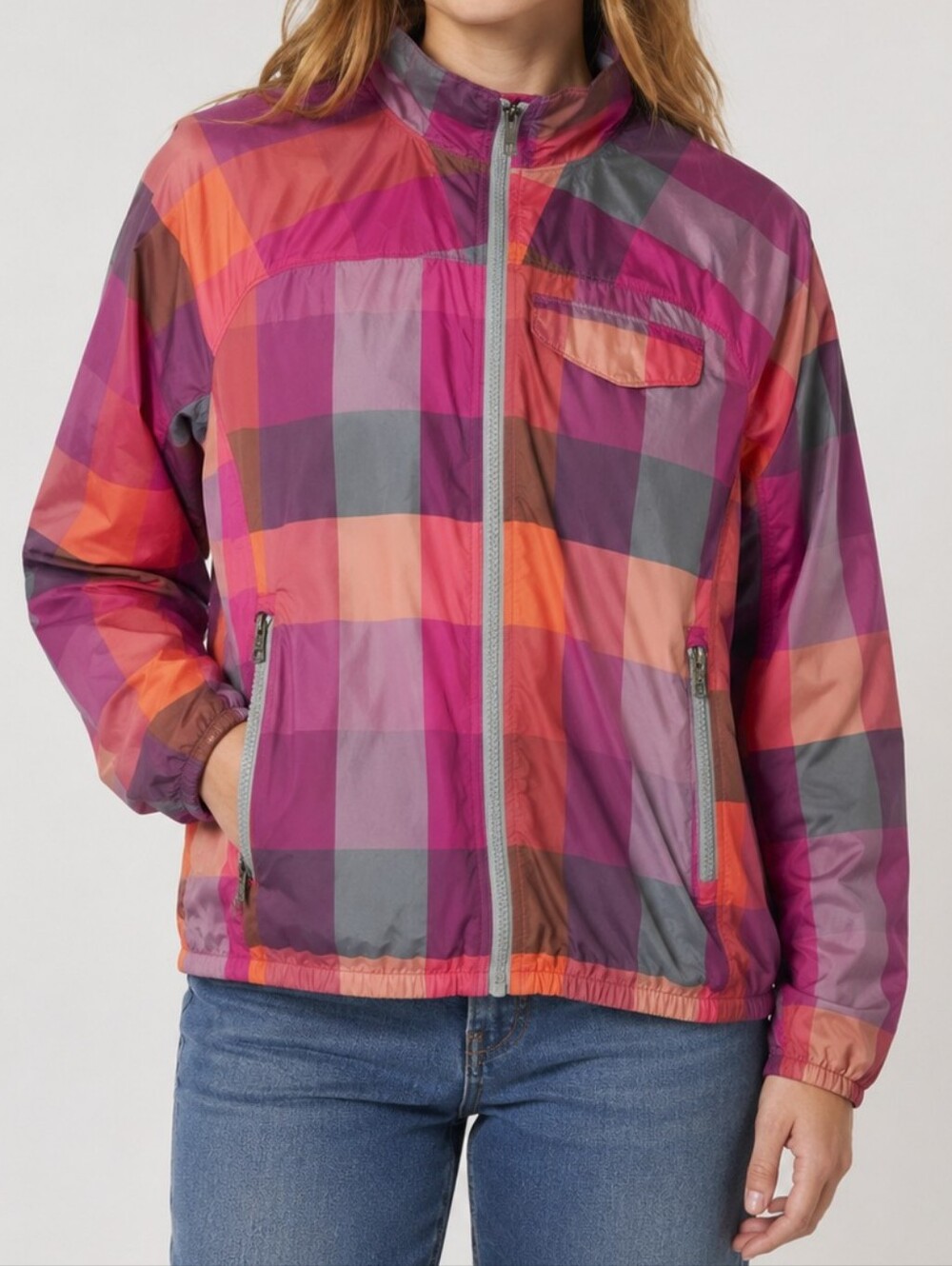 The North Face Patchwork Plaid Windbreaker Full Zip Jacket Pink Medium